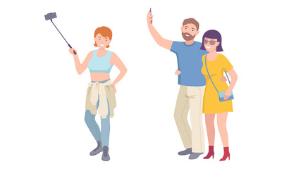 Fototapeta premium People making selfie with smartphone set. Man and woman with modern gadgets vector illustration