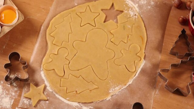 Top view of raw dough for cooking Christmas cookies ginger men on wooden table. Preparing for baking