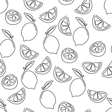 Seamless vector pattern with lemons. Continuous stylized modern summer fruits pattern.  Hand drawn line lemon illustration for backdrop, gift wrapping, wallpaper,textile, fabric, package ets