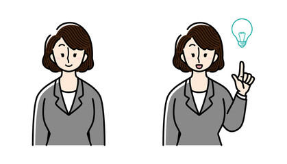正面を向くビジネスウーマンと、何かひらめいた様子のビジネスウーマン.