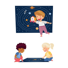 Obraz na płótnie Canvas Kids learning about space set. Boy and girl playing scientific educational game vector illustration