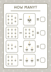 How many Skull with Candle, game for children. Vector illustration, printable worksheet