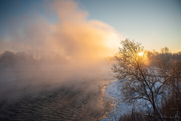 Foggy sunrise and tree by the Venta river waterfall in winter, Kuldiga, Latvia