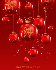 Christmas greeting card with balls, bow and confetti on red background.