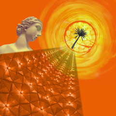 Contemporary collage. Sculpture of a woman, sun and palm on an abstract orange background