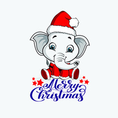 Fototapeta na wymiar Smiling cute baby elephant Santa Claus with mary christmas lettering.