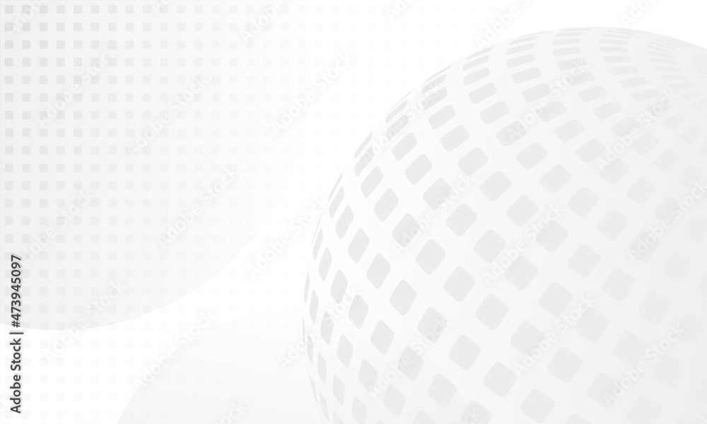 Poster abstract background with spheres and halftone squares. grey and white backdrop