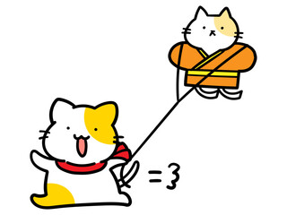 凧揚げをして遊ぶかわいいねこのキャラクターの手書き風イラスト