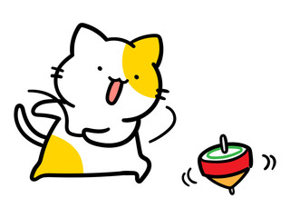 コマ回しをするかわいいねこのキャラクターの手書き風イラスト