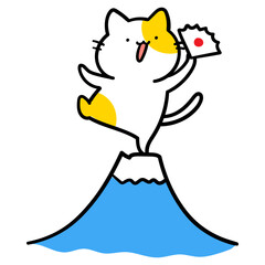 富士山の上であっぱれなかわいいねこのキャラクターの手書き風イラスト