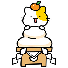 鏡餅に乗っかるかわいいねこのキャラクターの手書き風イラスト