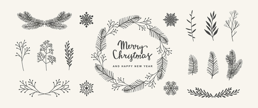 Merry Christmas vector hand drawn decoration set. Christmas wreath greeting text branches of fir trees plants berries snowflake. Vector illustration isolated on white background