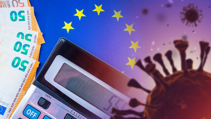 Omicron COVID-19 and euro money. European union bills next to coronavirus. SARS-CoV-2 impact on...
