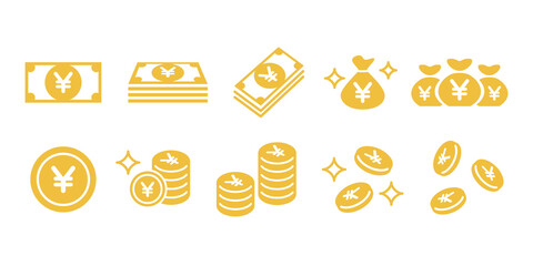 お金、お札、マネー、日本円のベクターアイコンイラスト金色