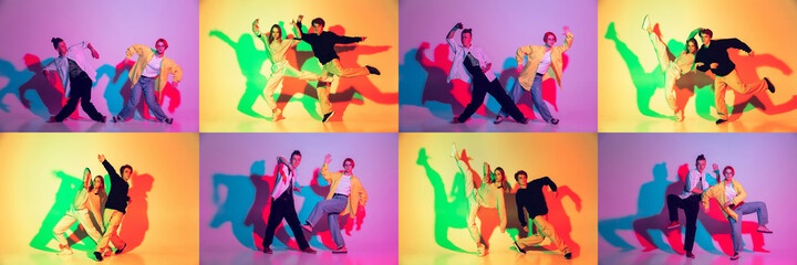 Group of teens, boys and girls dancing hip-hop in stylish clothes on gradient studio background in...