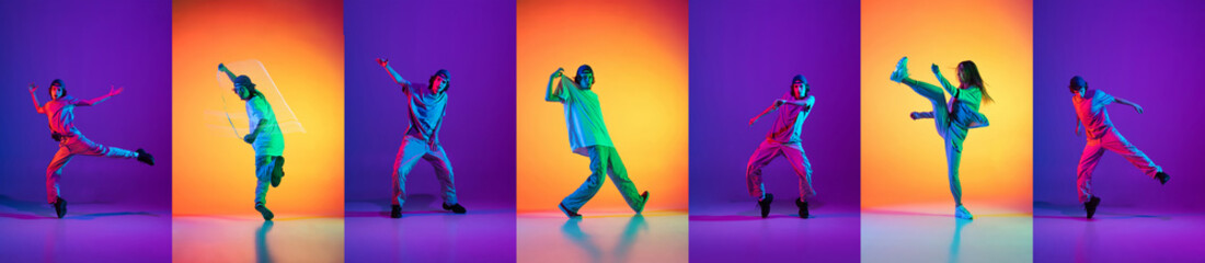 Fototapeta na wymiar Collage made with images of break dance or hip hop dancer in action, motion isolated over multicolored background in neon.