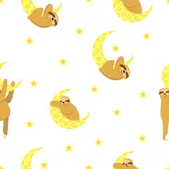 Seamless pattern. Baby sloth hanging on a yellow crescent. Moon and stars. White background. Cute and funny. Cartoon style. Good night. Kids bedroom. Post card, wallpaper, textile, wrapping paper