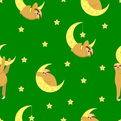 Seamless pattern. Baby sloth hanging on a yellow crescent. Moon and stars. Green background. Cute and funny. Cartoon style. Good night. Kids bedroom. Post card, wallpaper, textile, wrapping paper
