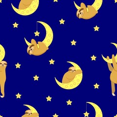 Seamless pattern. Baby sloth hanging on a yellow crescent. Moon and stars. Blue background. Cute and funny. Cartoon style. Good night. Kids bedroom. Post card, wallpaper, textile, wrapping paper