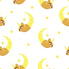 Seamless pattern. Baby sloth hanging on a yellow crescent. Moon and stars. White background. Cute and funny. Cartoon style. Good night. Kids bedroom. Post card, wallpaper, textile, wrapping paper