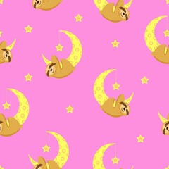 Seamless pattern. Baby sloth hanging on a yellow crescent. Moon and stars. Pink background. Cute and funny. Cartoon style. Good night. Kids bedroom. Post card, wallpaper, textile, wrapping paper
