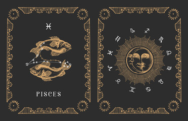Pisces zodiac symbol in vector, old horoscope card