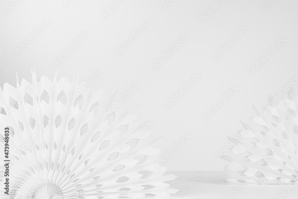 Poster white abstract scene for presentation of produce with circle paper carved white fans on table in min