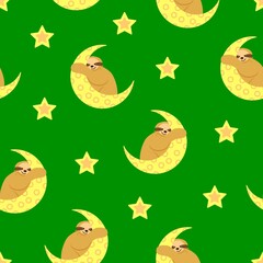 Seamless pattern. Baby sloth hanging on a yellow crescent. Moon and stars. Green background. Cute and funny. Cartoon style. Good night. Kids bedroom. Post card, wallpaper, textile, wrapping paper