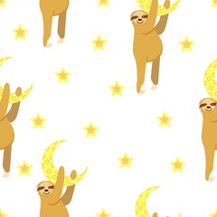 Seamless pattern. Baby sloth hanging on a yellow crescent. Moon and stars. White background. Cute and funny. Cartoon style. Good night. Kids bedroom. Post card, wallpaper, textile, wrapping paper © Куприянова Ксения