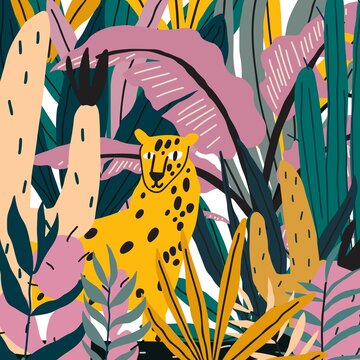 Cheetah in jungle leaves and cactus. T-shirt, sweatshirt cover print design. Vector illustration