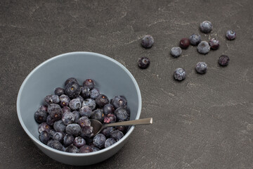 Frozen blueberries and spoon in gray bowl.