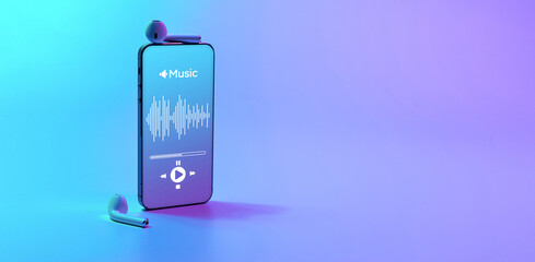 Music icon. Audio equipment with beats, sound headphones, music application on mobile smartphone screen. Radio recording sound voice on neon gradient background. Broadcast media music concept.