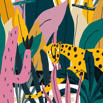 Cheetah in jungle leaves and cactus square print. Vector illustration
