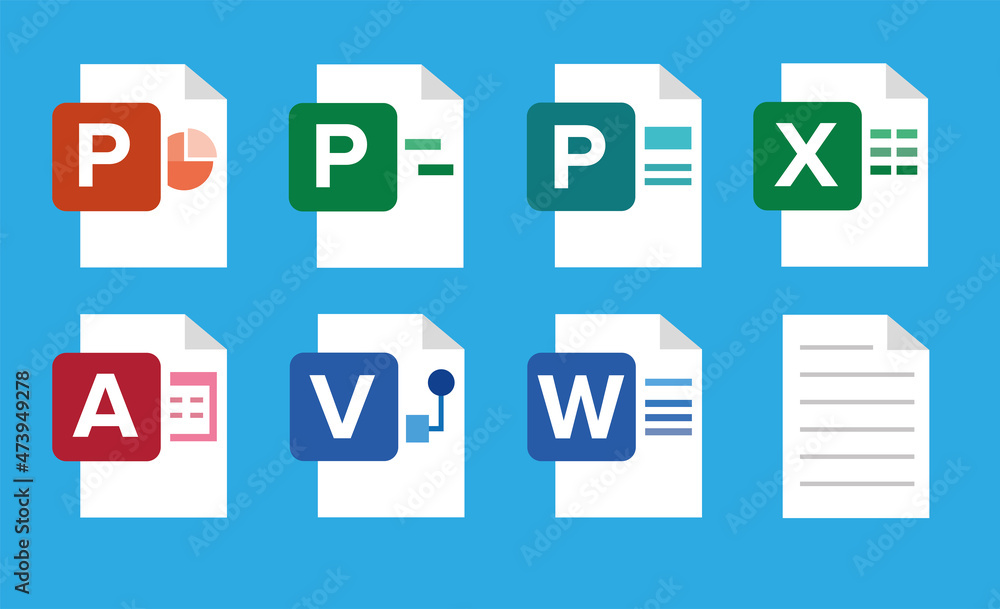 Poster Set of Document File Formats and Labels icons. Vector illustration.