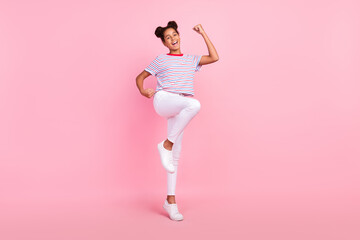 Fototapeta na wymiar Full size photo of brown haired african american girl winner celebrate victory cool mood isolated on pink color background