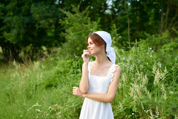 Woman in white dress countryside plants nature