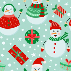 Winter holidays snowmen with gifts. Vector seamless pattern. Christmas and New Year design for wrapping, background