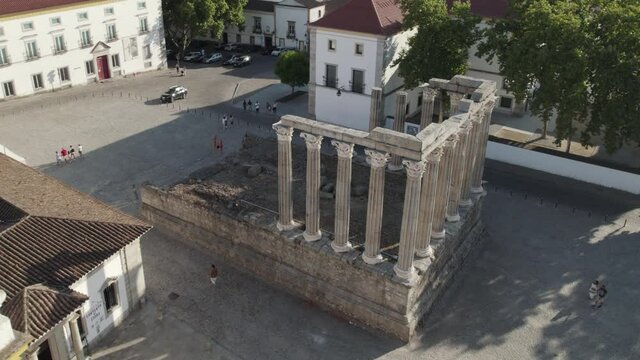 Remnants of the Temple of Diana in the centre of historic &Eacute;vora, Alentejo. Aerial view