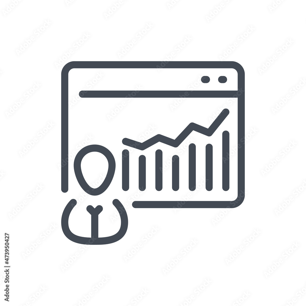 Poster person with web page and statistic report line icon. online analytics and chart vector outline sign.