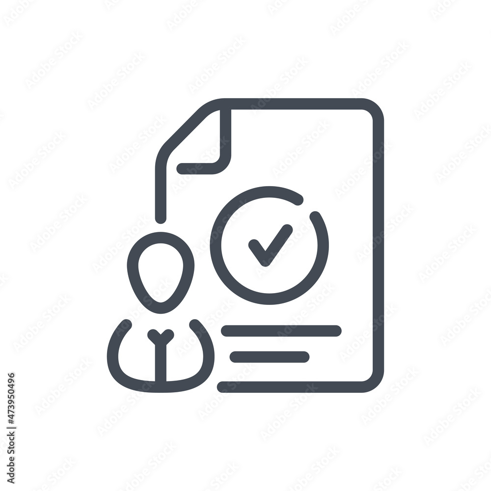 Aufkleber person with document and checkmark line icon. candidate approval vector outline sign.