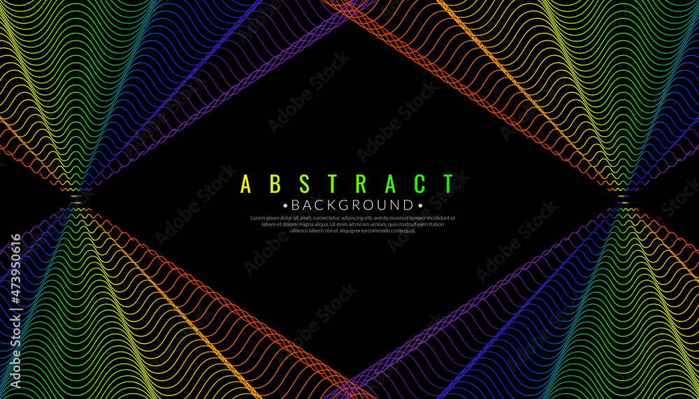 Poster abstract colorful laser rays light diagonally on dark background. wave line spectrum design concept 