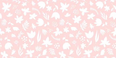 Seamless floral pattern in pale coral pink and white. All over abstract botanical print. 