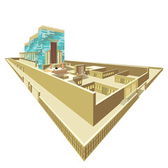 Solomon's Holy Temple in Jerusalem, Two ancient Israelite and Jewish places of worship on the moriah mountain in the Old City. Magnificent colorful vector drawing. Isolated detailed. Precise Orthodox 