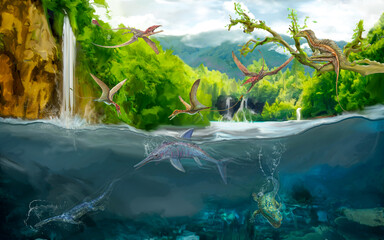 Scene with dinosaurs Asteroid explosion at the end of the prehistoric Jurassic, Cretaceous or Triassic era. Dinosaurs in prehistoric environment. Retro cartoon style abstract isolated illustration © David Costa Art