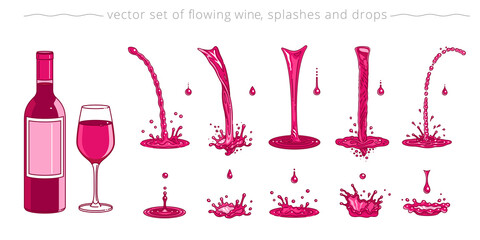 Pouring of red wine. Vector set of trickles, drops and splashes. Cartoon bottle of wine and wineglass. Drawn liquid elements for designs of restaurant menu. Modern linear style