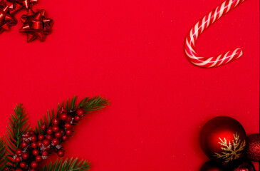 Christmass flatlay christmas tree toys and spruce branch