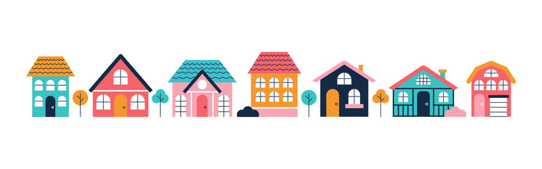 Urban landscape, set of colorful houses, facades. Vector flat illustration