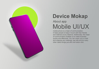 Device mockups. UI/UX mobile applications. Electronic gadgets. Esse about mobile phone. Smartphone mockup with maroon screen. Device on grey background. Smartphone presentation. 3d image