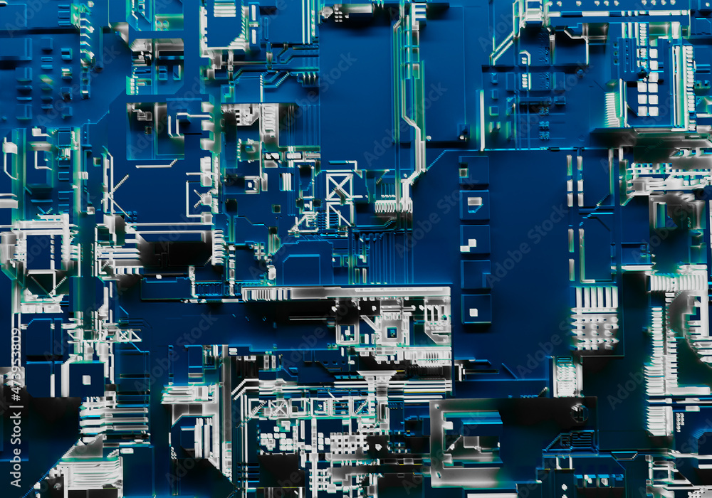 Poster abstract technical background without focus. blue-gray background of the printed circuit board. moth