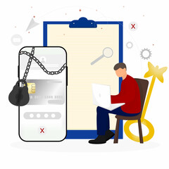 concept of protection and security of digital information. an attempt to hack personal data remotely by a hacker. Isolated flat vector illustration